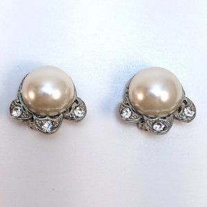 Vintage 50s Clip Crystal Faux Pearl Earrings Art Nouveau Formal Party Midcentury